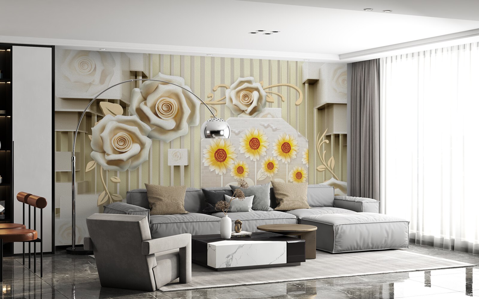 Fototapet trandafir auriu pal și floarea-soarelui