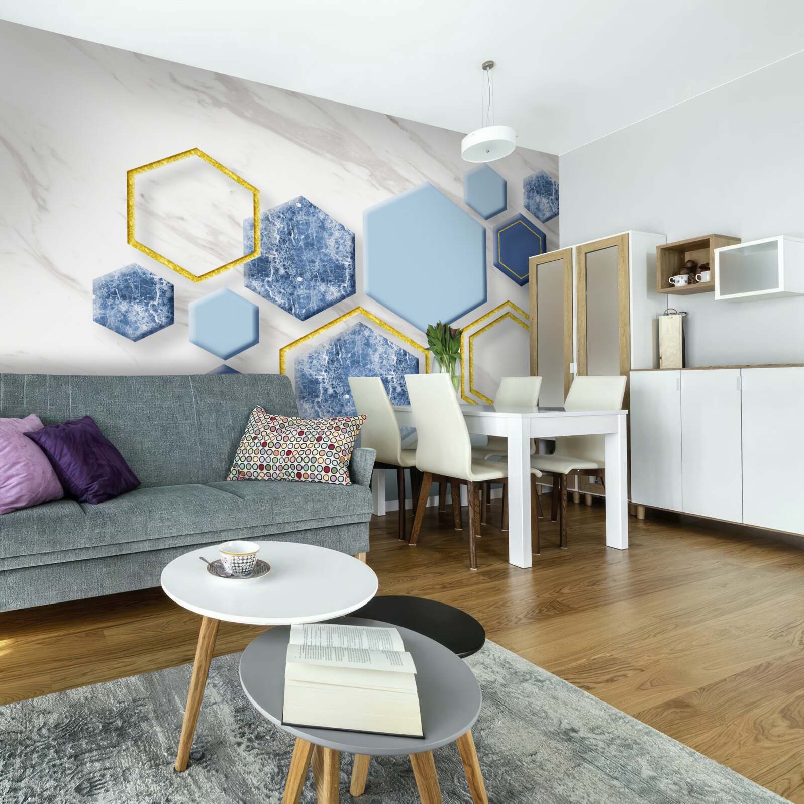 Fototapet imagini pentagonale din marmură cu margini aurii