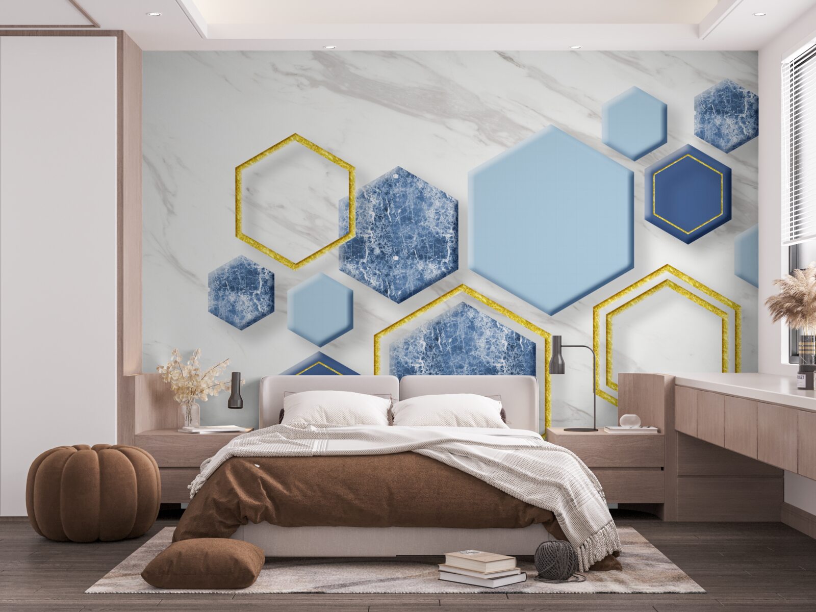 Fototapet imagini pentagonale din marmură cu margini aurii