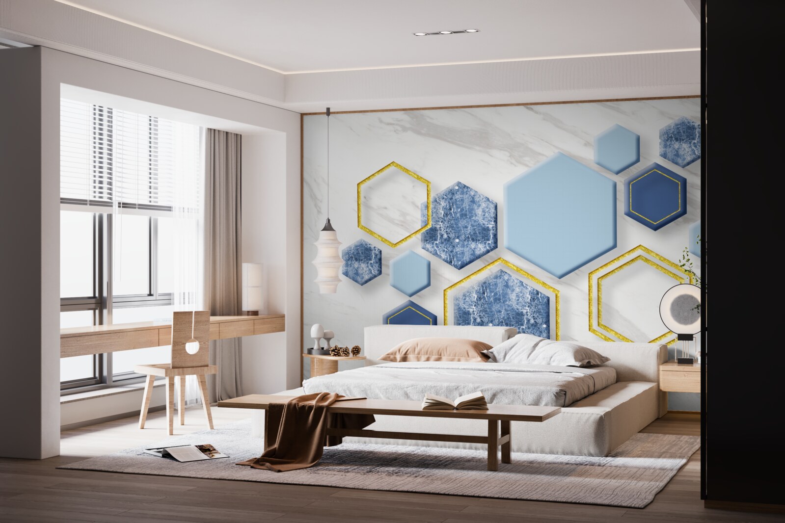 Fototapet imagini pentagonale din marmură cu margini aurii