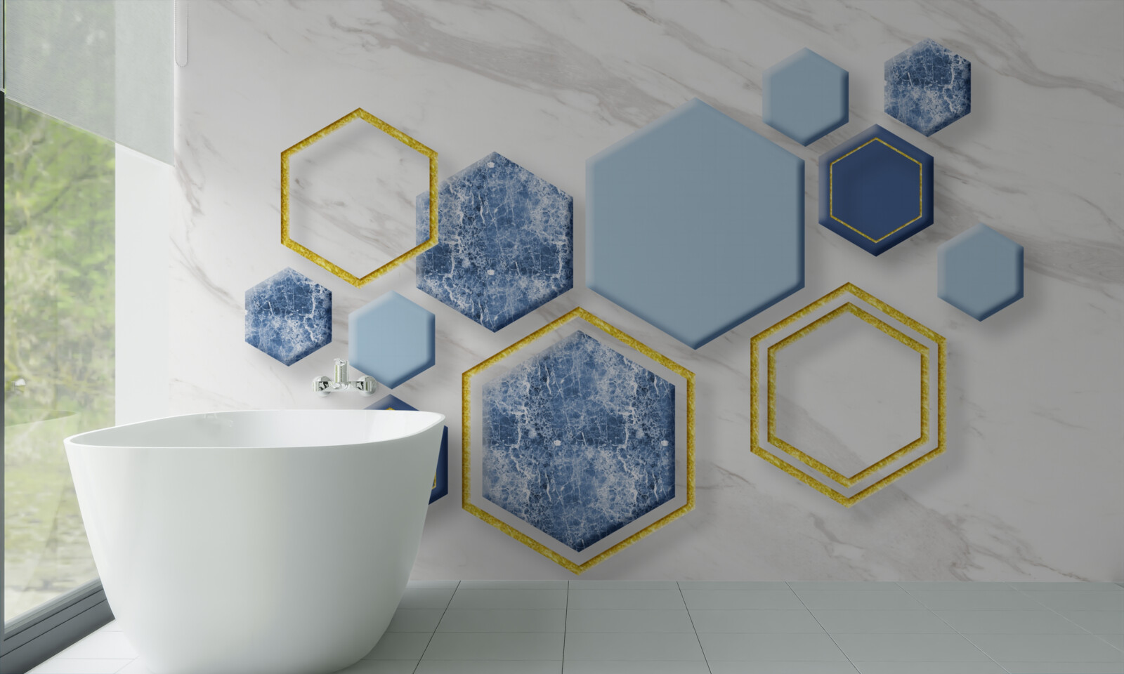 Fototapet imagini pentagonale din marmură cu margini aurii