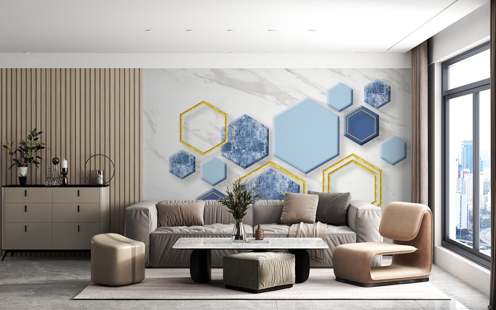 Fototapet imagini pentagonale din marmură cu margini aurii