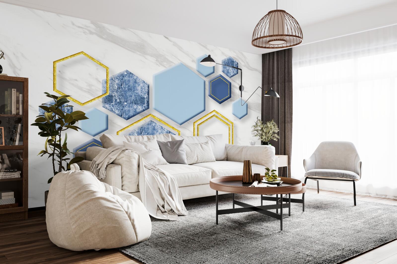 Fototapet imagini pentagonale din marmură cu margini aurii