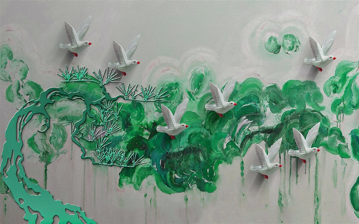 Fototapet păsări albe și frunze verzi