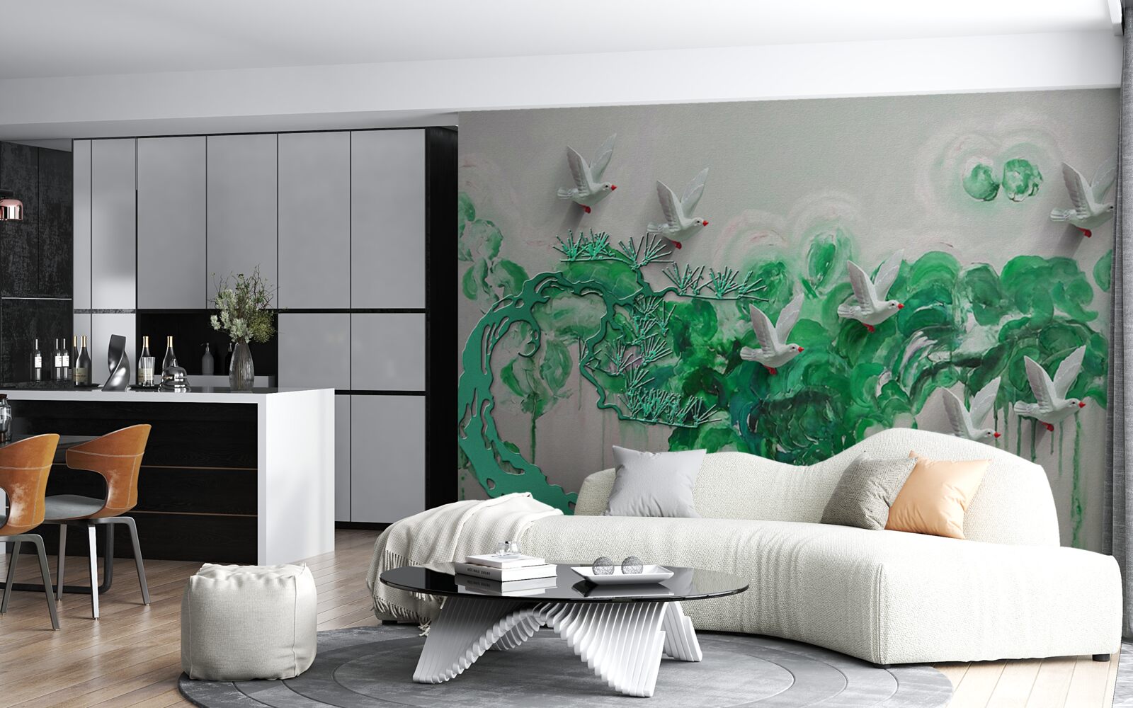 Fototapet păsări albe și frunze verzi