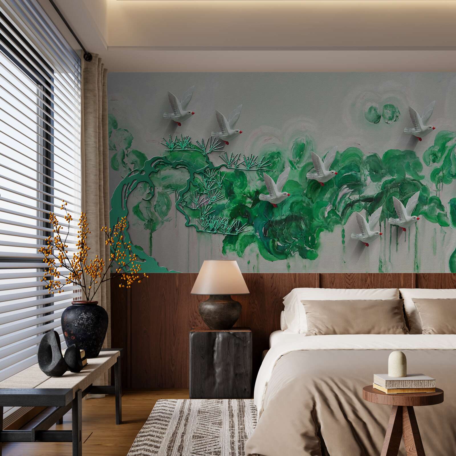 Fototapet păsări albe și frunze verzi