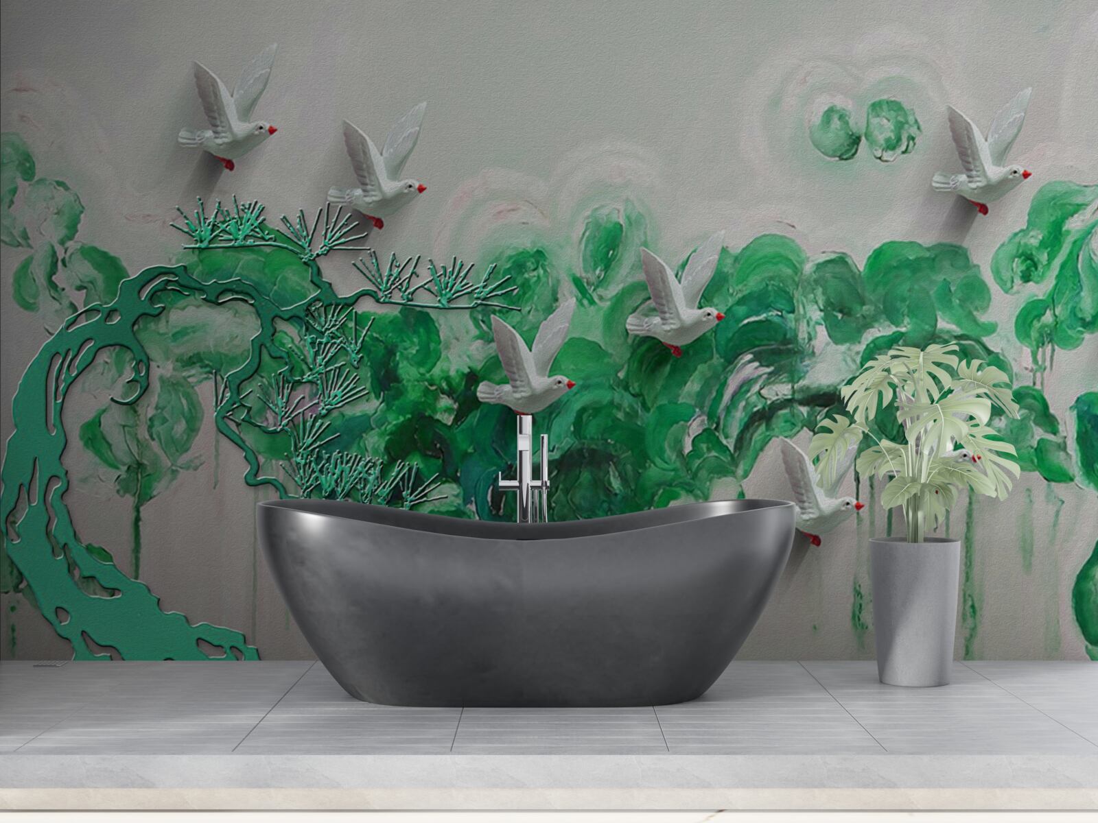 Fototapet păsări albe și frunze verzi