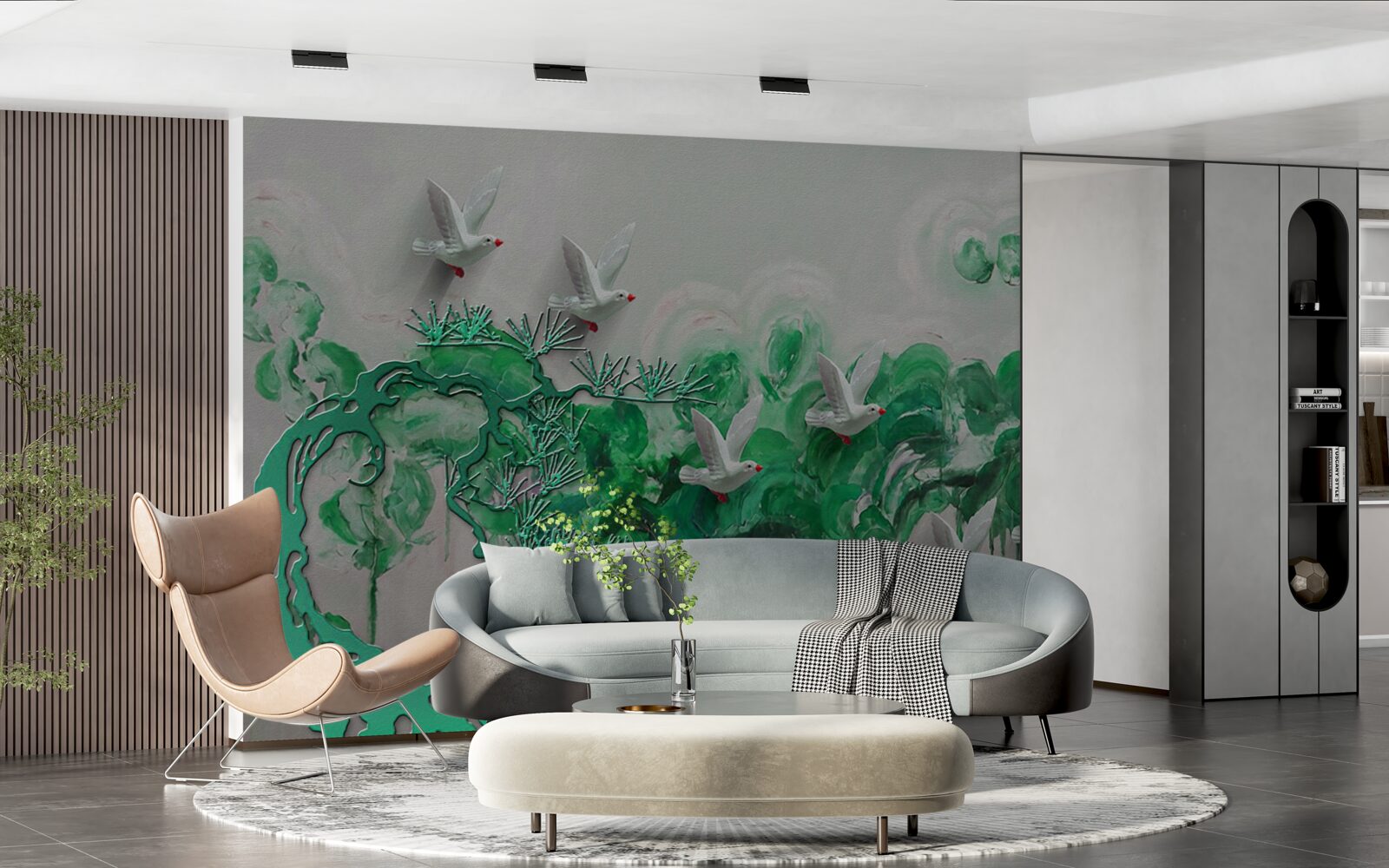 Fototapet păsări albe și frunze verzi