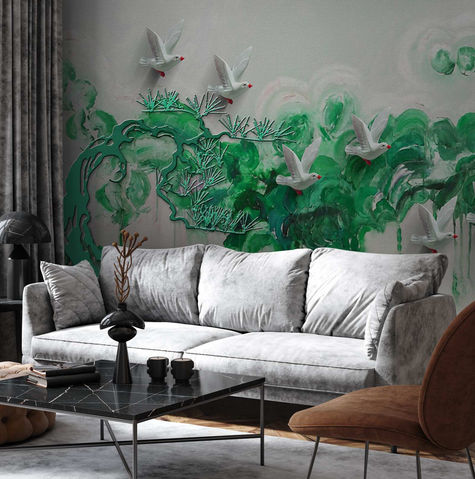 Fototapet păsări albe și frunze verzi