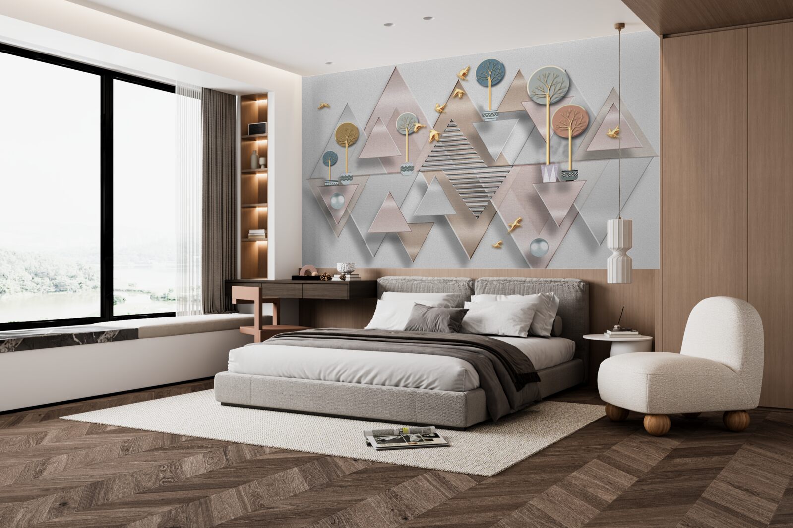 Fototapet reflexia pădurii în apă este prezentată ca o abstracție geometrică