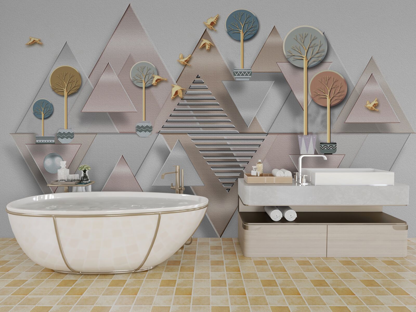 Fototapet reflexia pădurii în apă este prezentată ca o abstracție geometrică