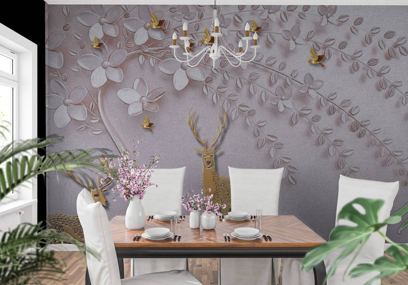 Fototapet cerb auriu maiestuos lângă un copac înflorit