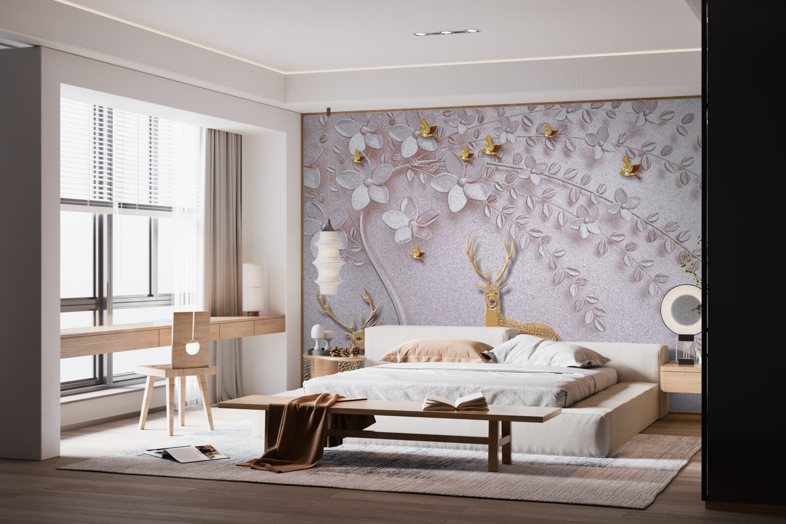 Fototapet cerb auriu maiestuos lângă un copac înflorit