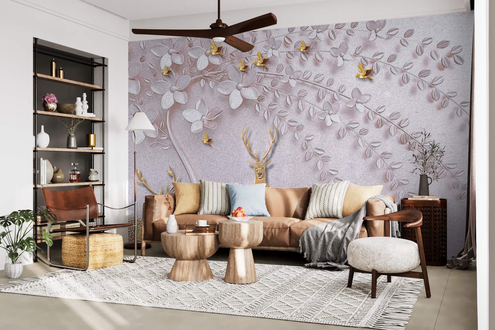 Fototapet cerb auriu maiestuos lângă un copac înflorit