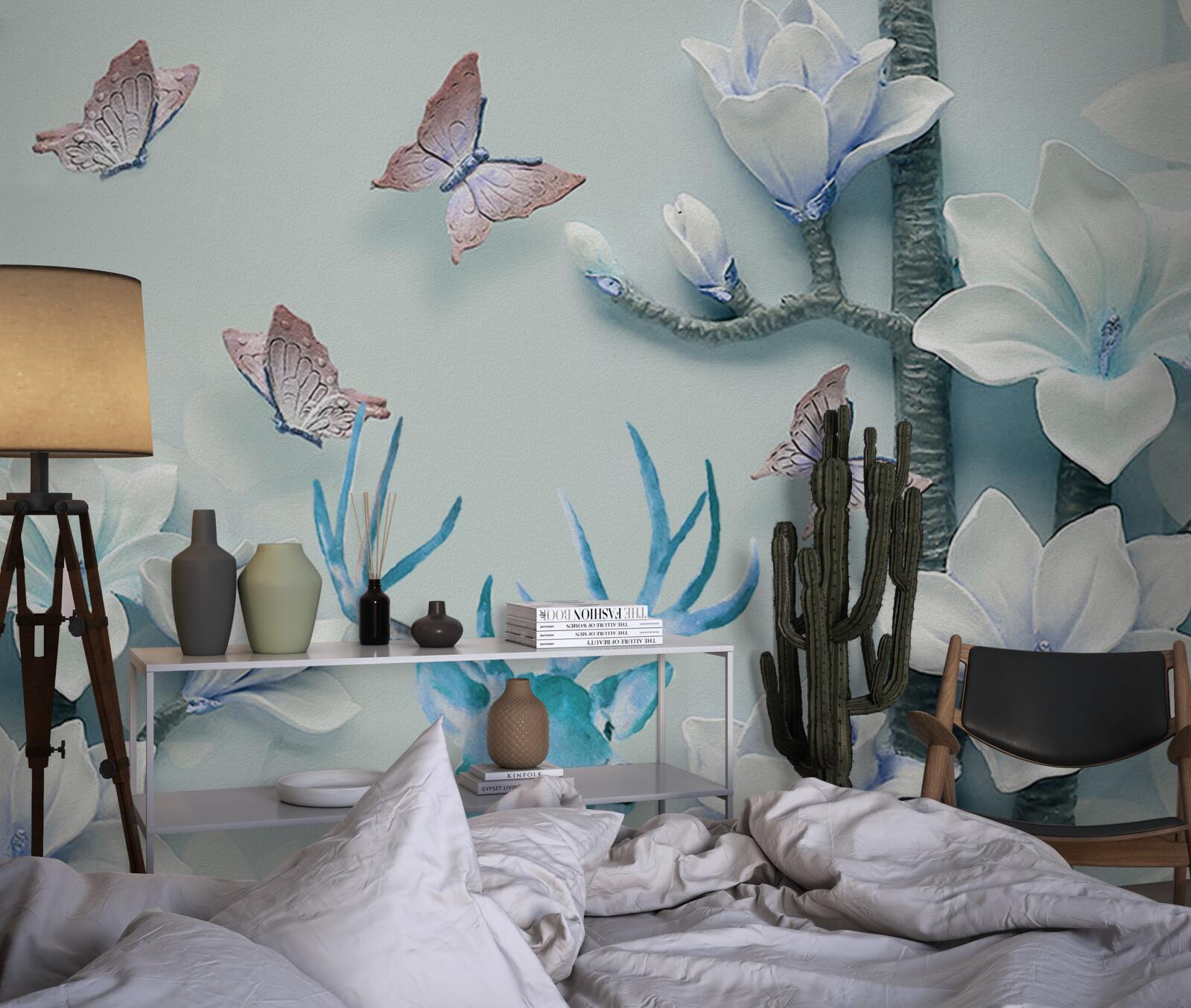 Fototapet cerb, magnolie albă și fluturi