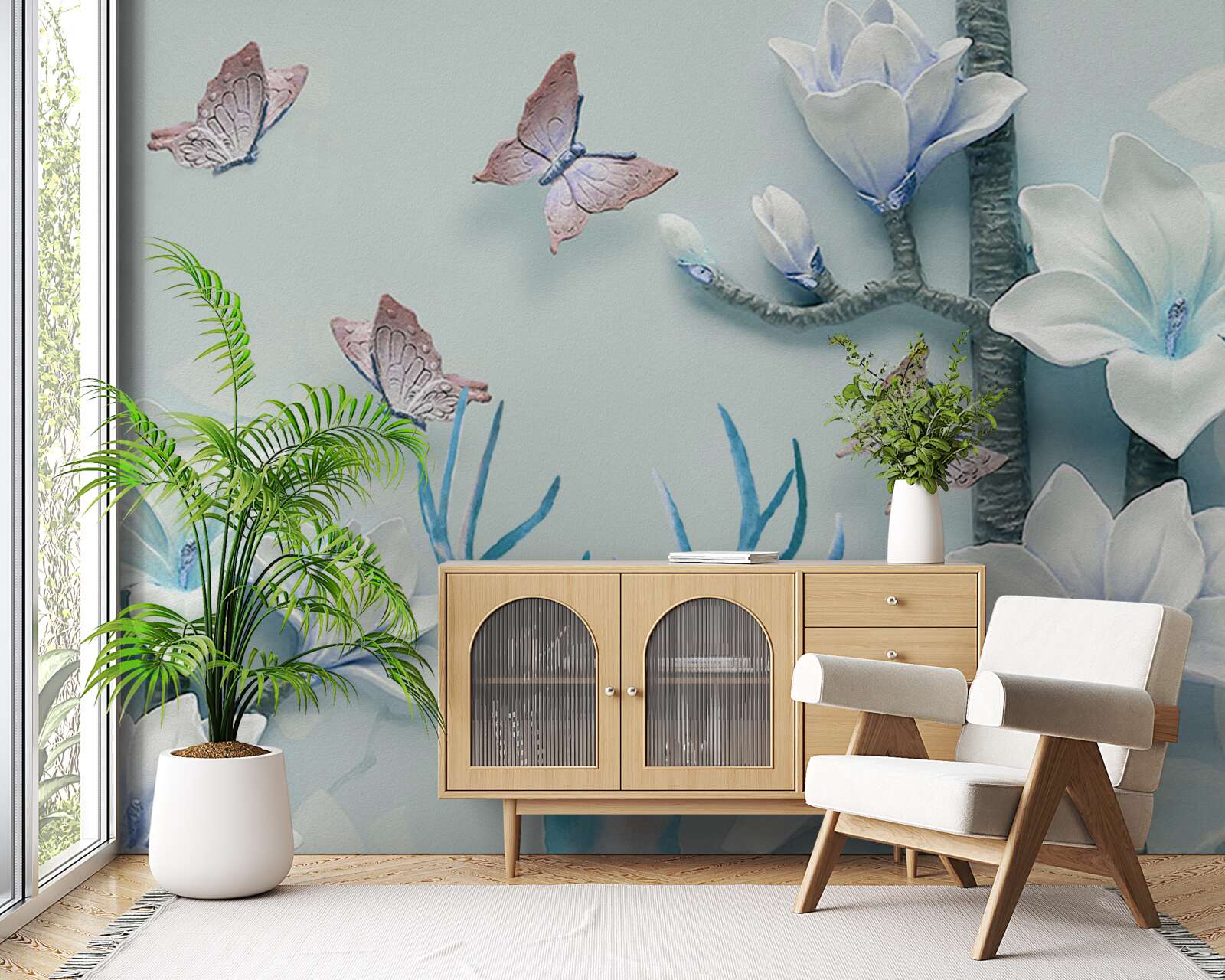 Fototapet cerb, magnolie albă și fluturi