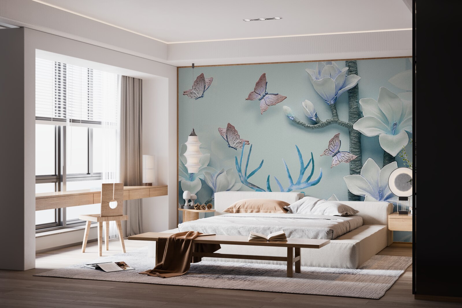 Fototapet cerb, magnolie albă și fluturi