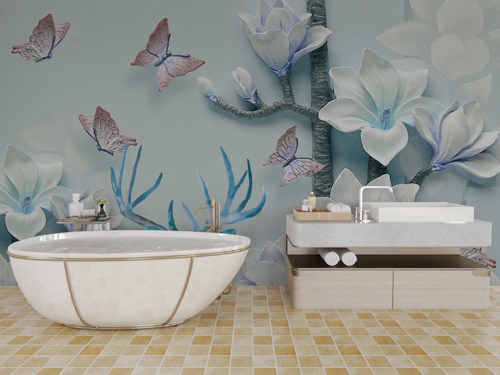 Fototapet cerb, magnolie albă și fluturi