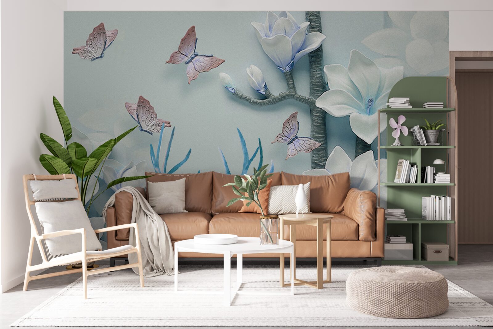 Fototapet cerb, magnolie albă și fluturi