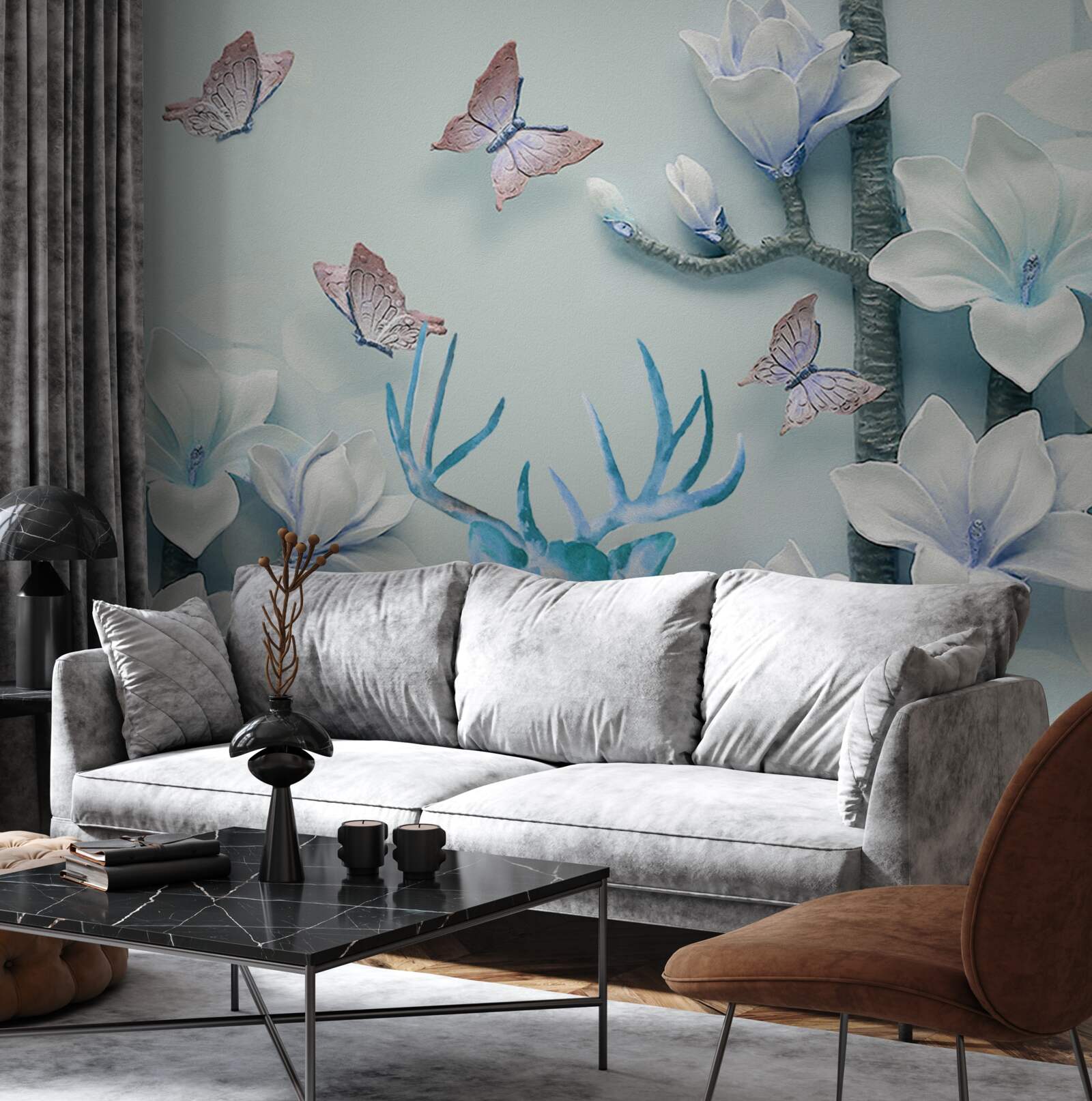 Fototapet cerb, magnolie albă și fluturi