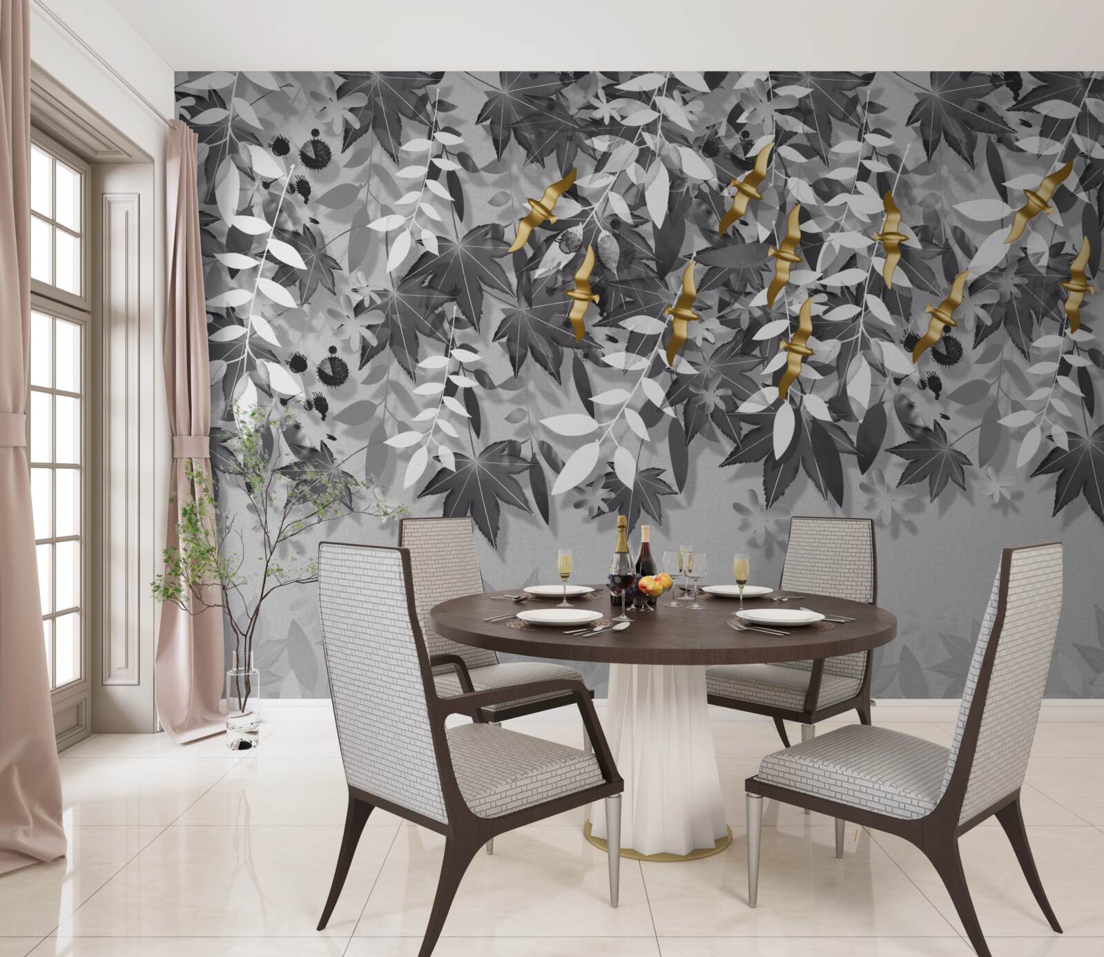 Fototapet ramurile sunt albe ca zăpada cu flori aurii