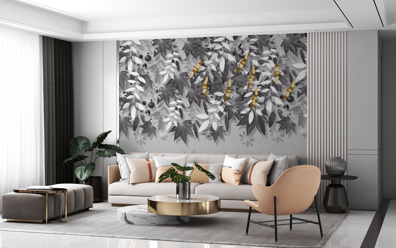 Fototapet ramurile sunt albe ca zăpada cu flori aurii