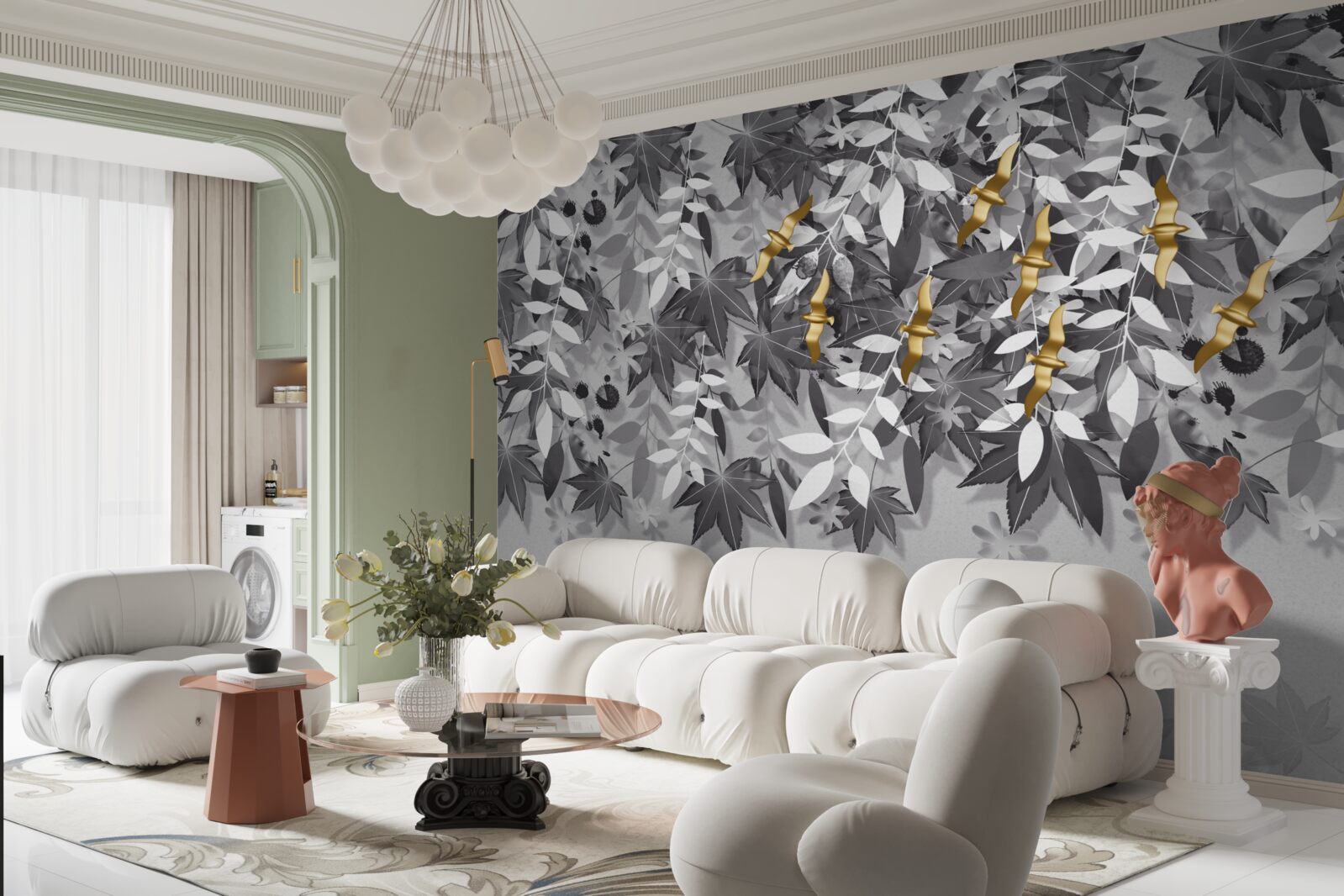 Fototapet ramurile sunt albe ca zăpada cu flori aurii