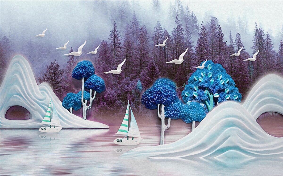 Fototapet corăbii pe velă navighează pe un lac întunecat