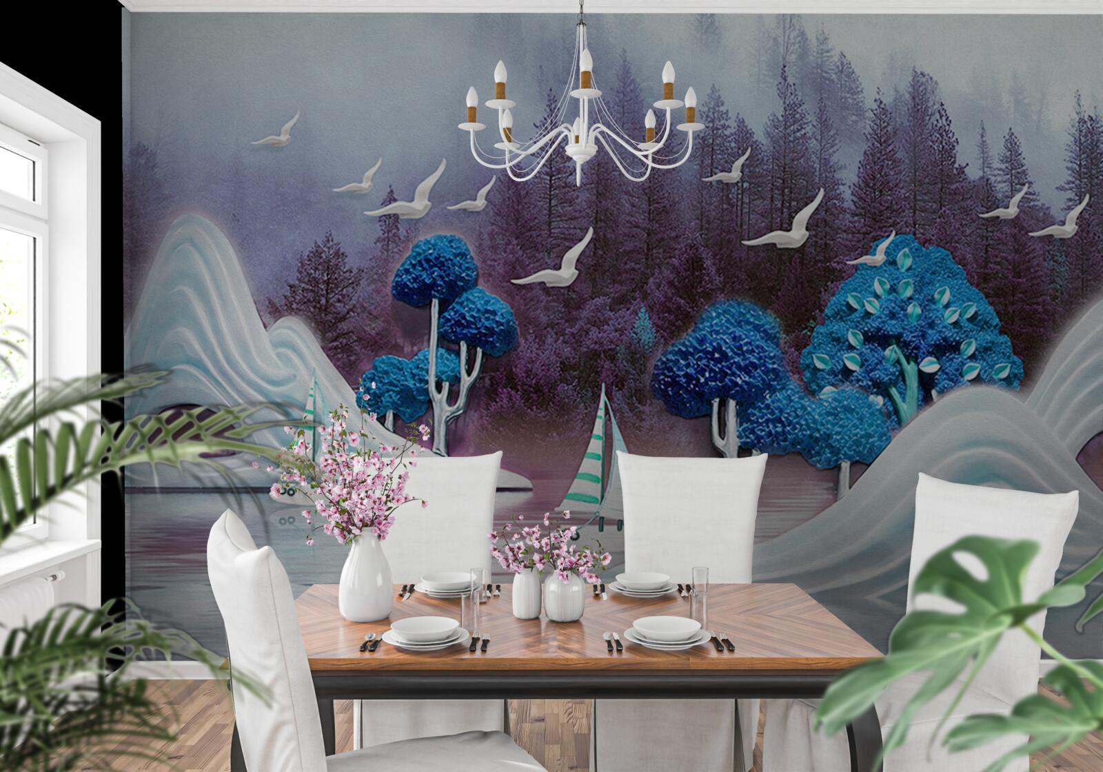 Fototapet corăbii pe velă navighează pe un lac întunecat