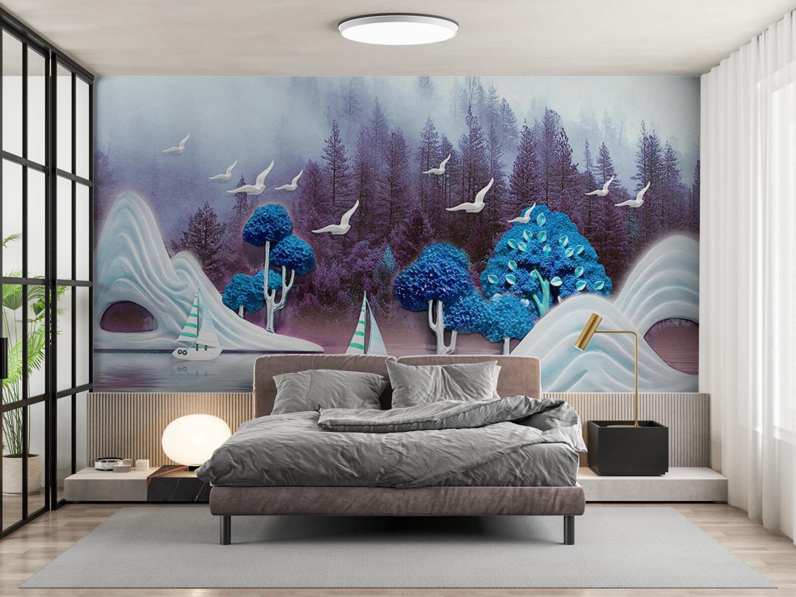 Fototapet corăbii pe velă navighează pe un lac întunecat