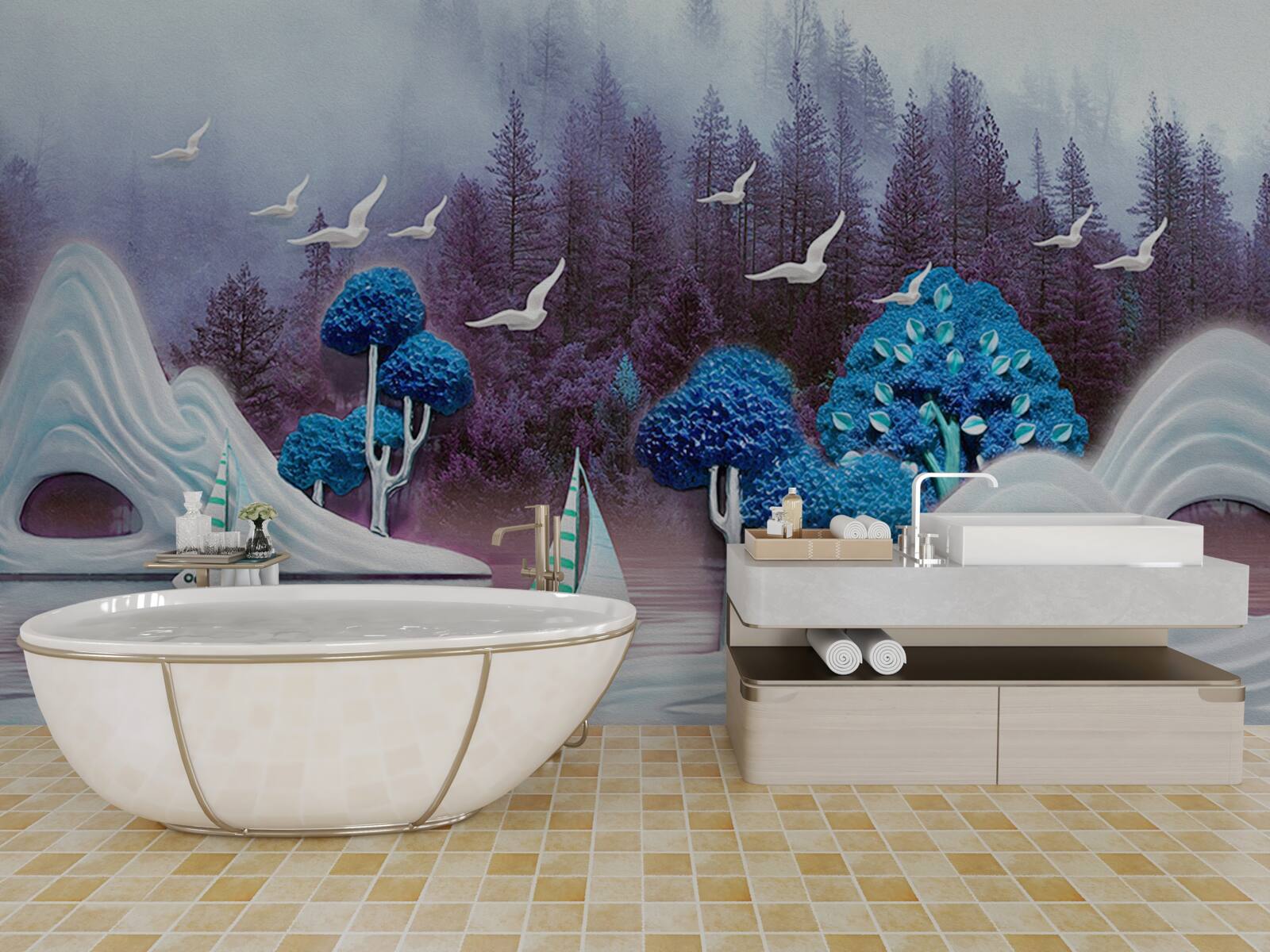 Fototapet corăbii pe velă navighează pe un lac întunecat