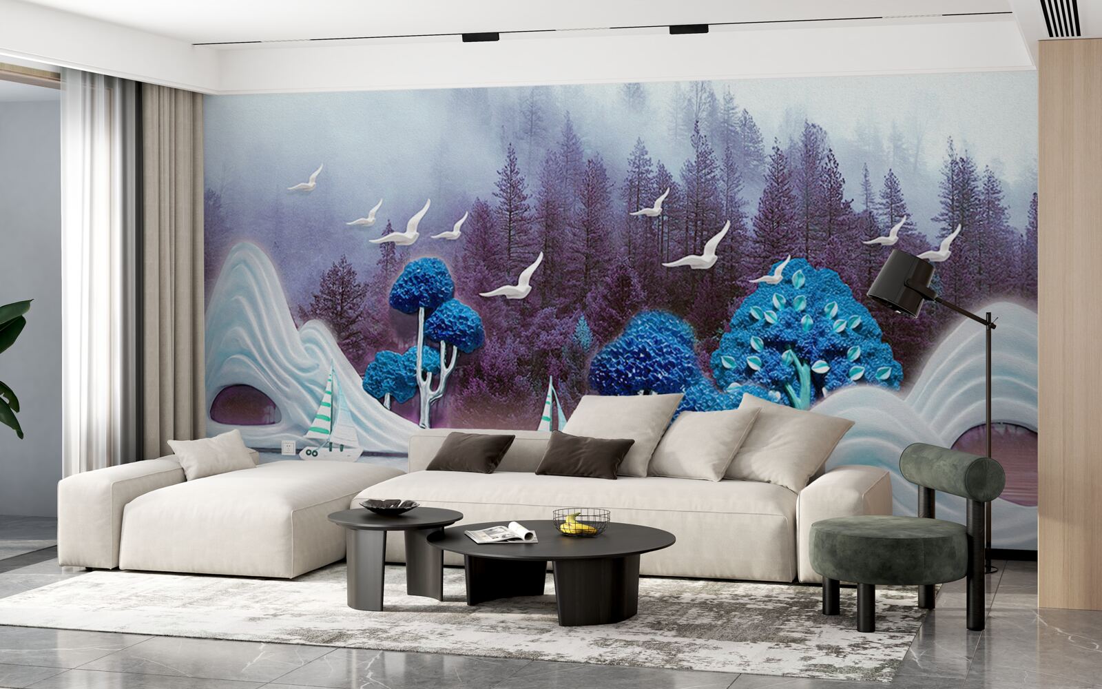 Fototapet corăbii pe velă navighează pe un lac întunecat