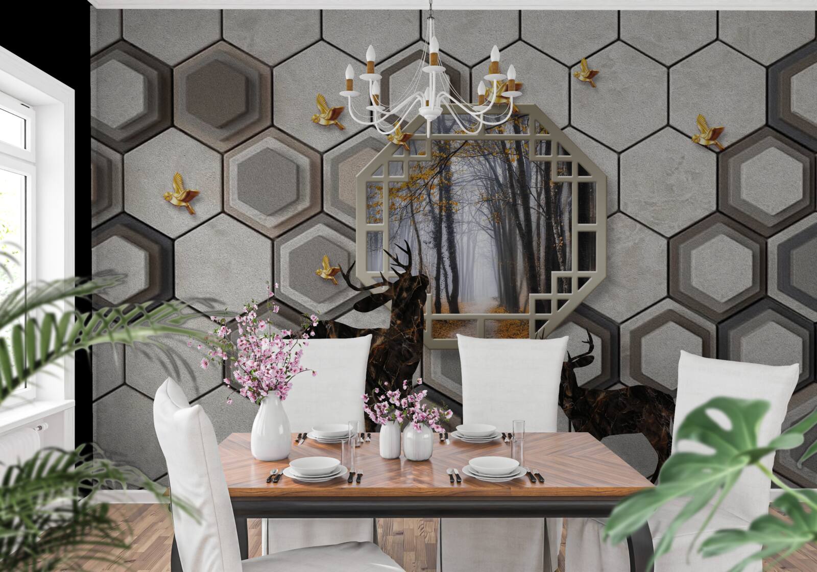 Fototapet cerb pe un fundal de pădure creat cu mozaicuri