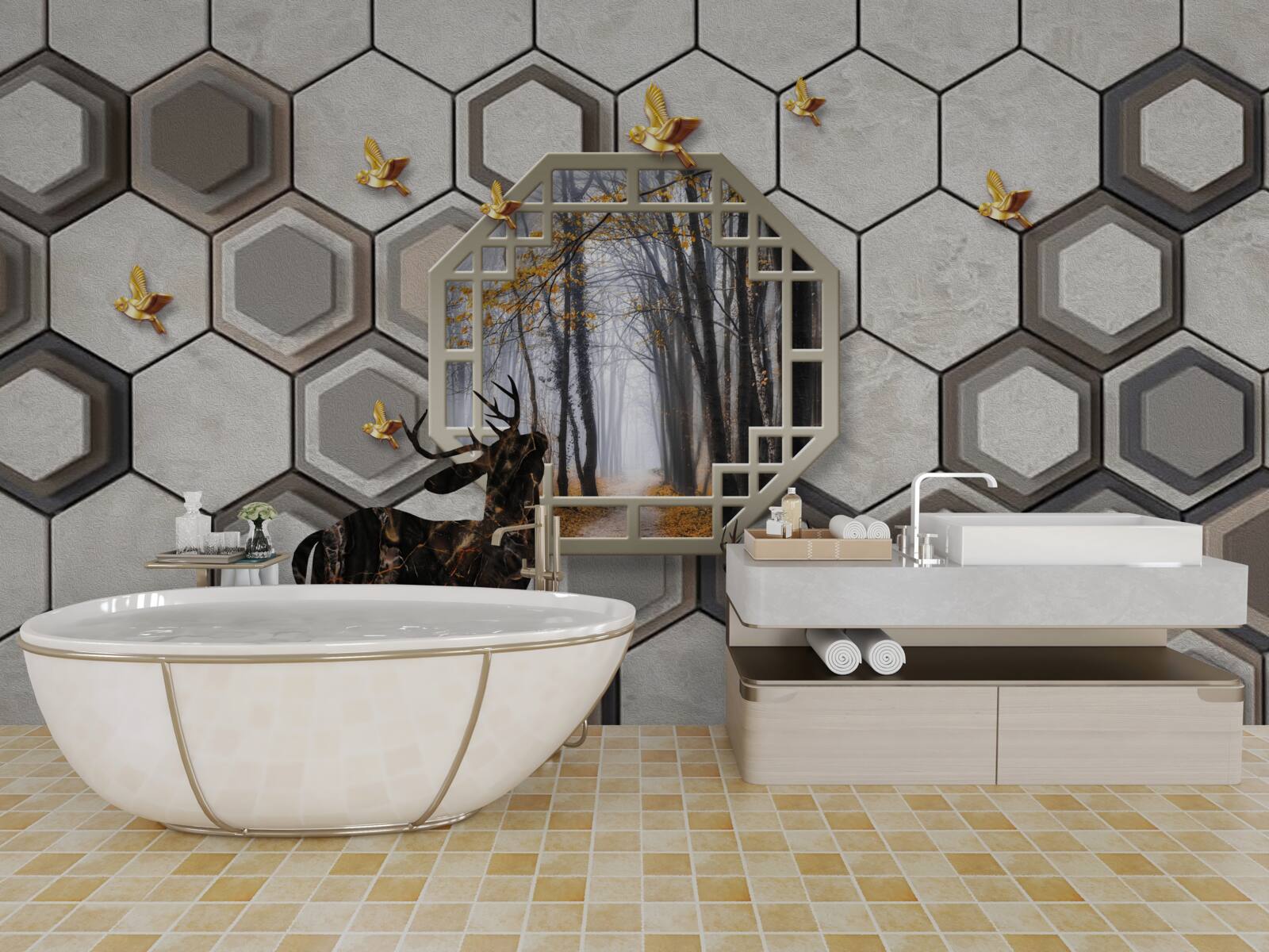 Fototapet cerb pe un fundal de pădure creat cu mozaicuri