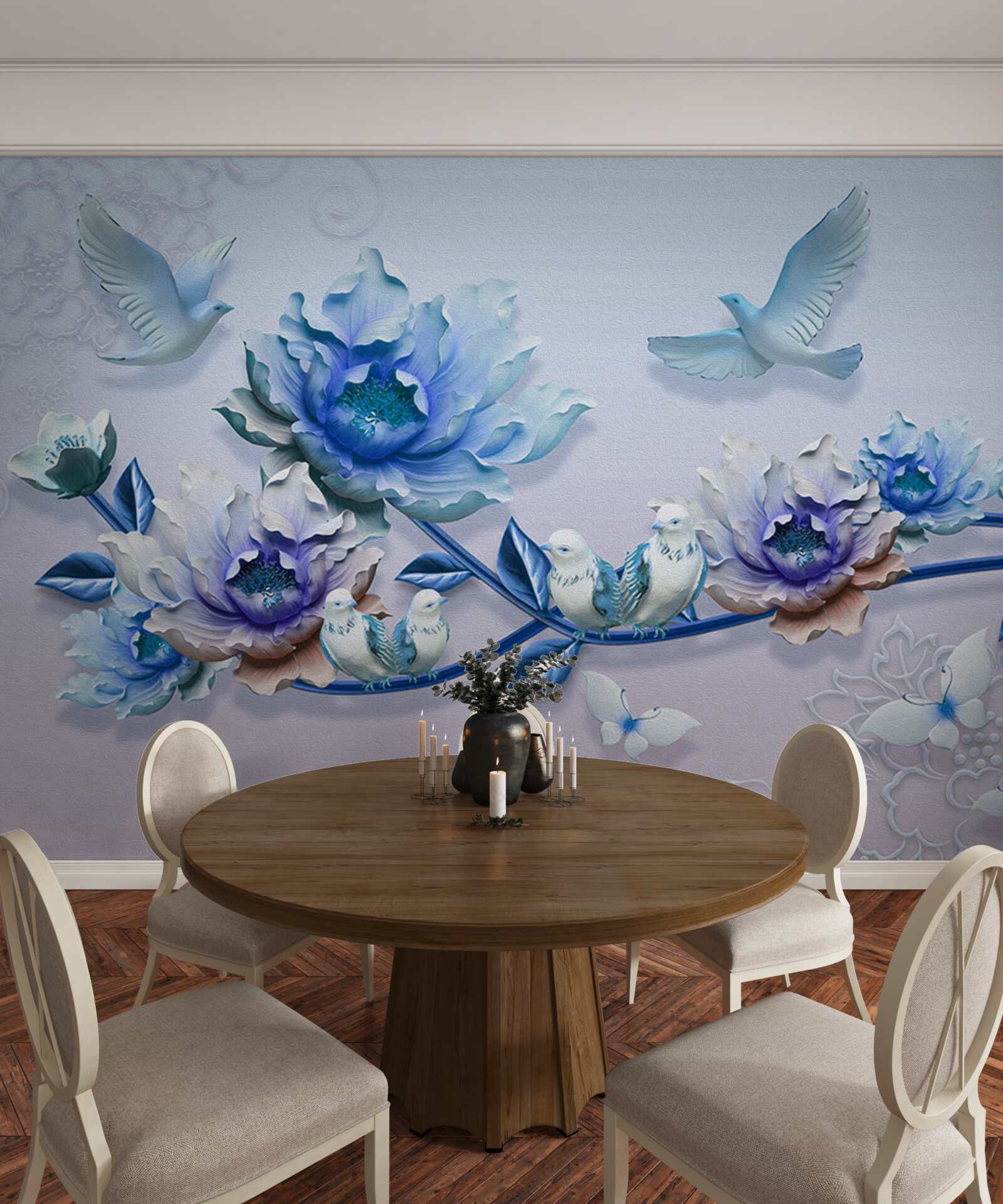 Fototapet o ramură împletită cu flori albastre este un paradis pentru porumbei