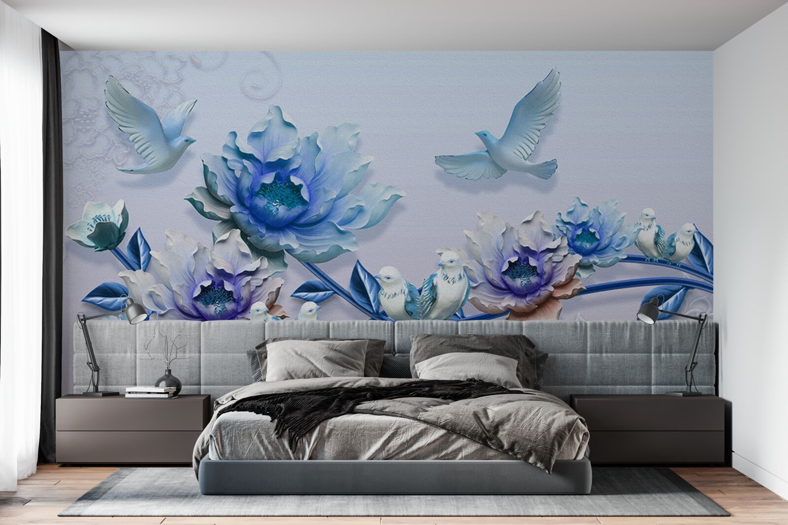 Fototapet o ramură împletită cu flori albastre este un paradis pentru porumbei