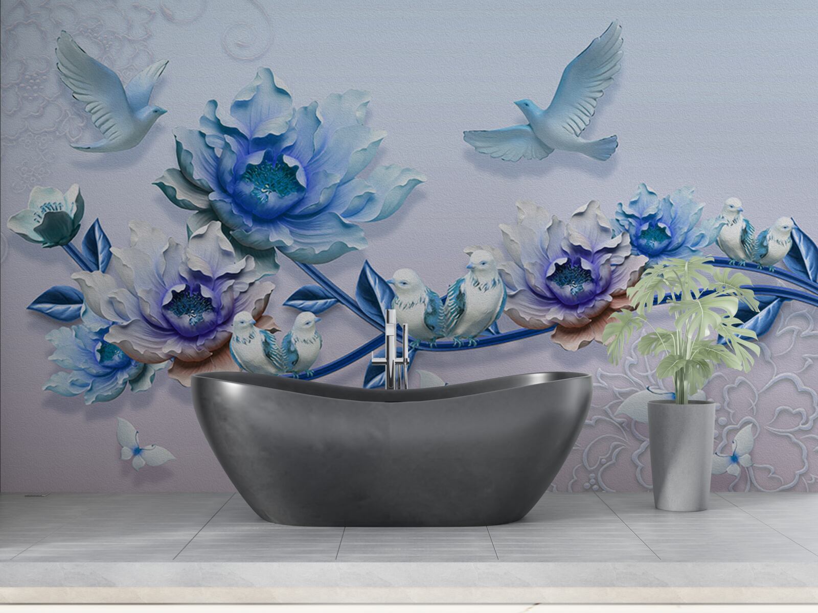 Fototapet o ramură împletită cu flori albastre este un paradis pentru porumbei