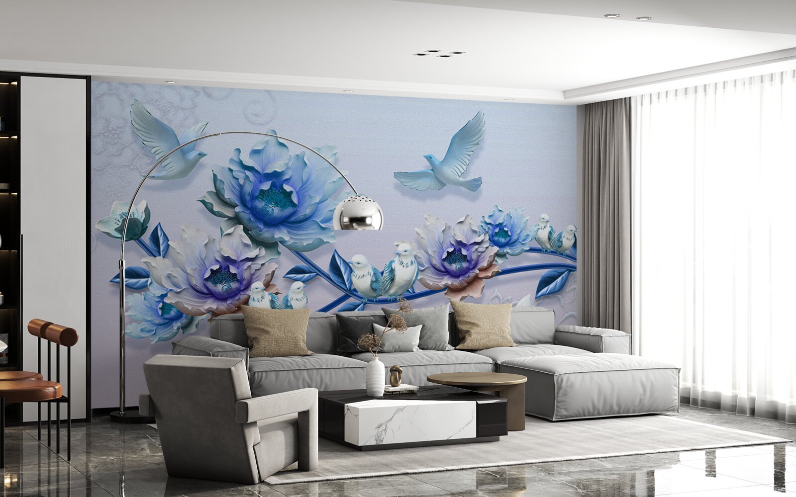 Fototapet o ramură împletită cu flori albastre este un paradis pentru porumbei