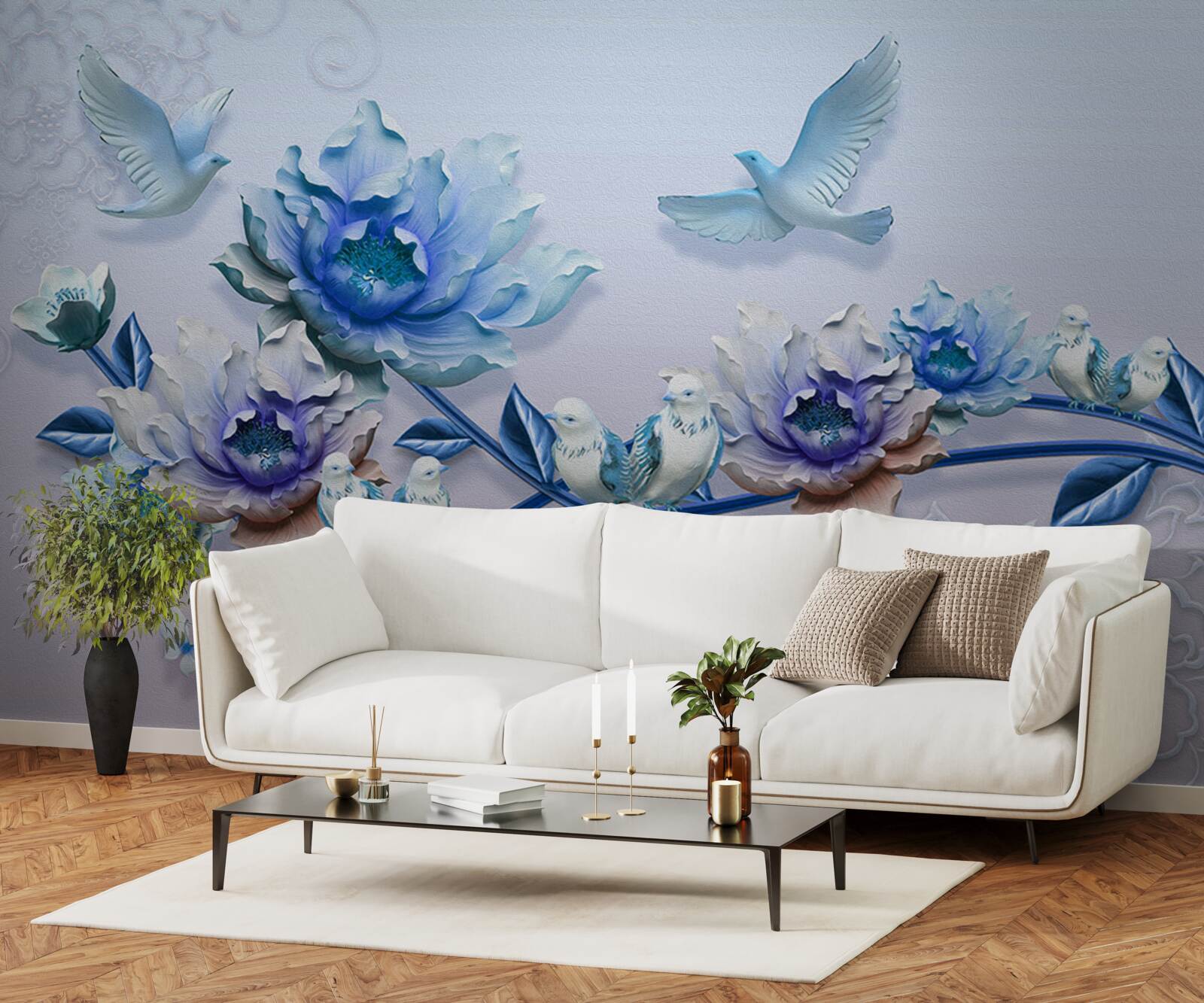 Fototapet o ramură împletită cu flori albastre este un paradis pentru porumbei