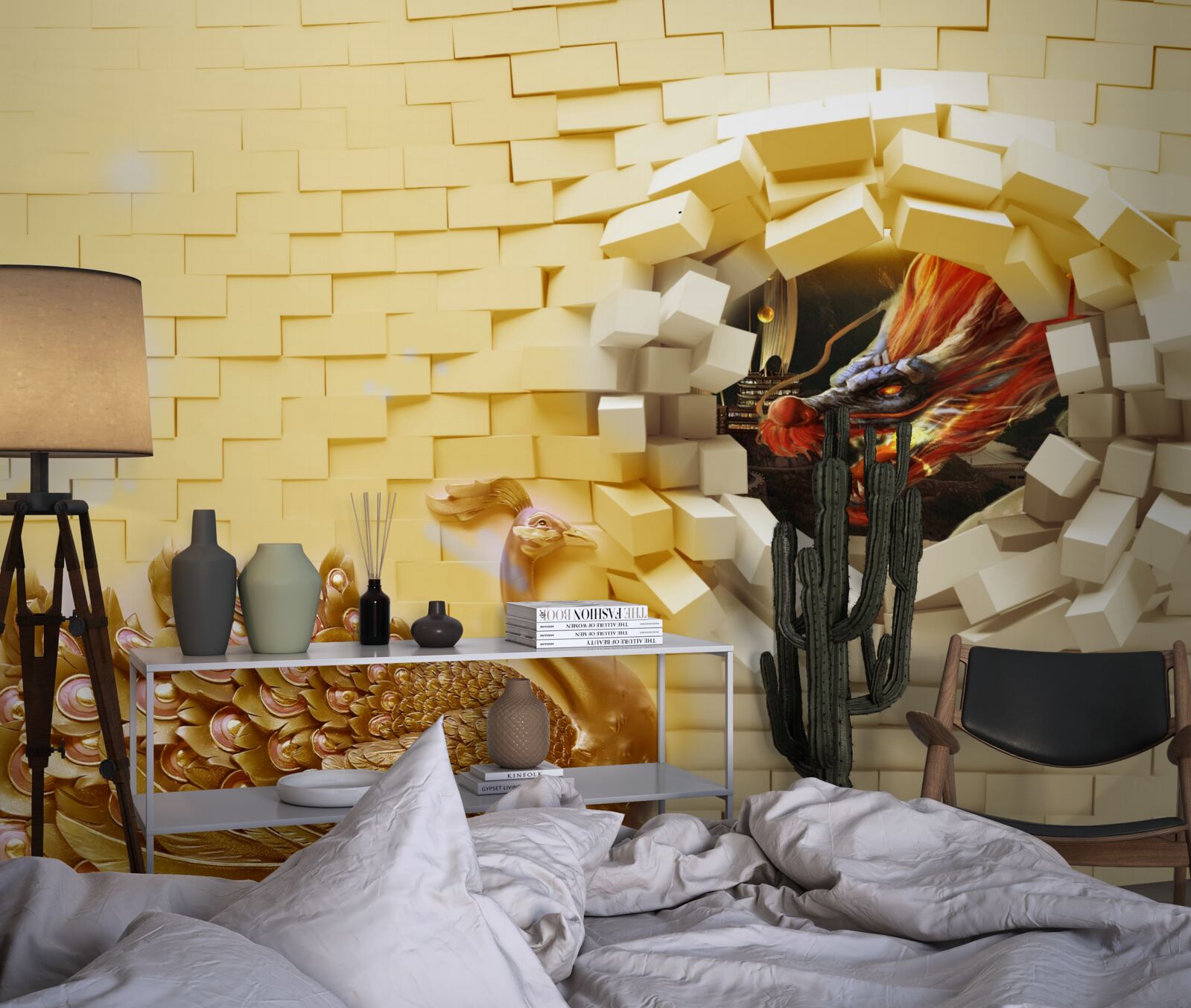 Fototapet Zidul este distrus de un păun