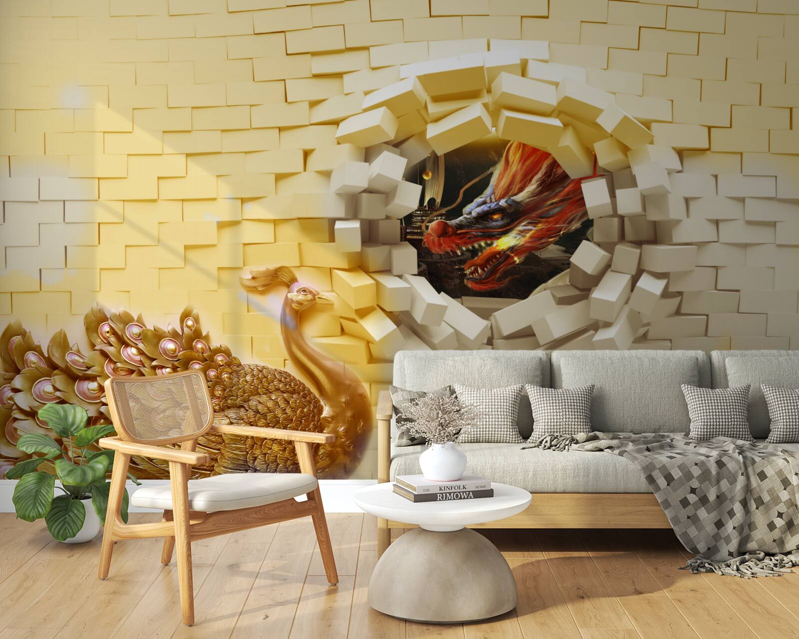 Fototapet Zidul este distrus de un păun