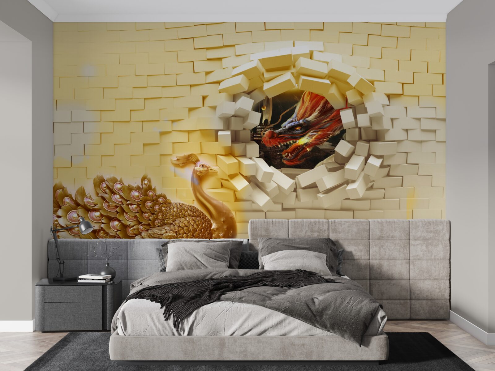 Fototapet Zidul este distrus de un păun