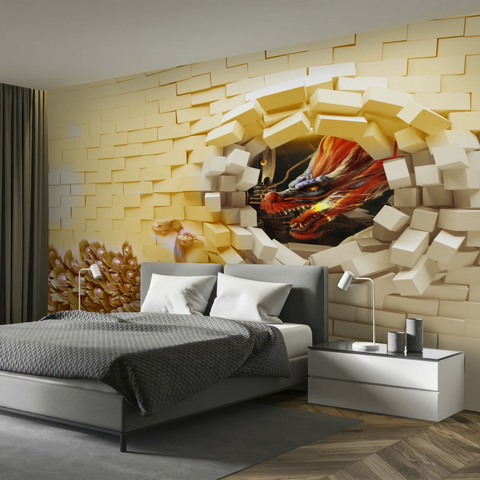 Fototapet Zidul este distrus de un păun