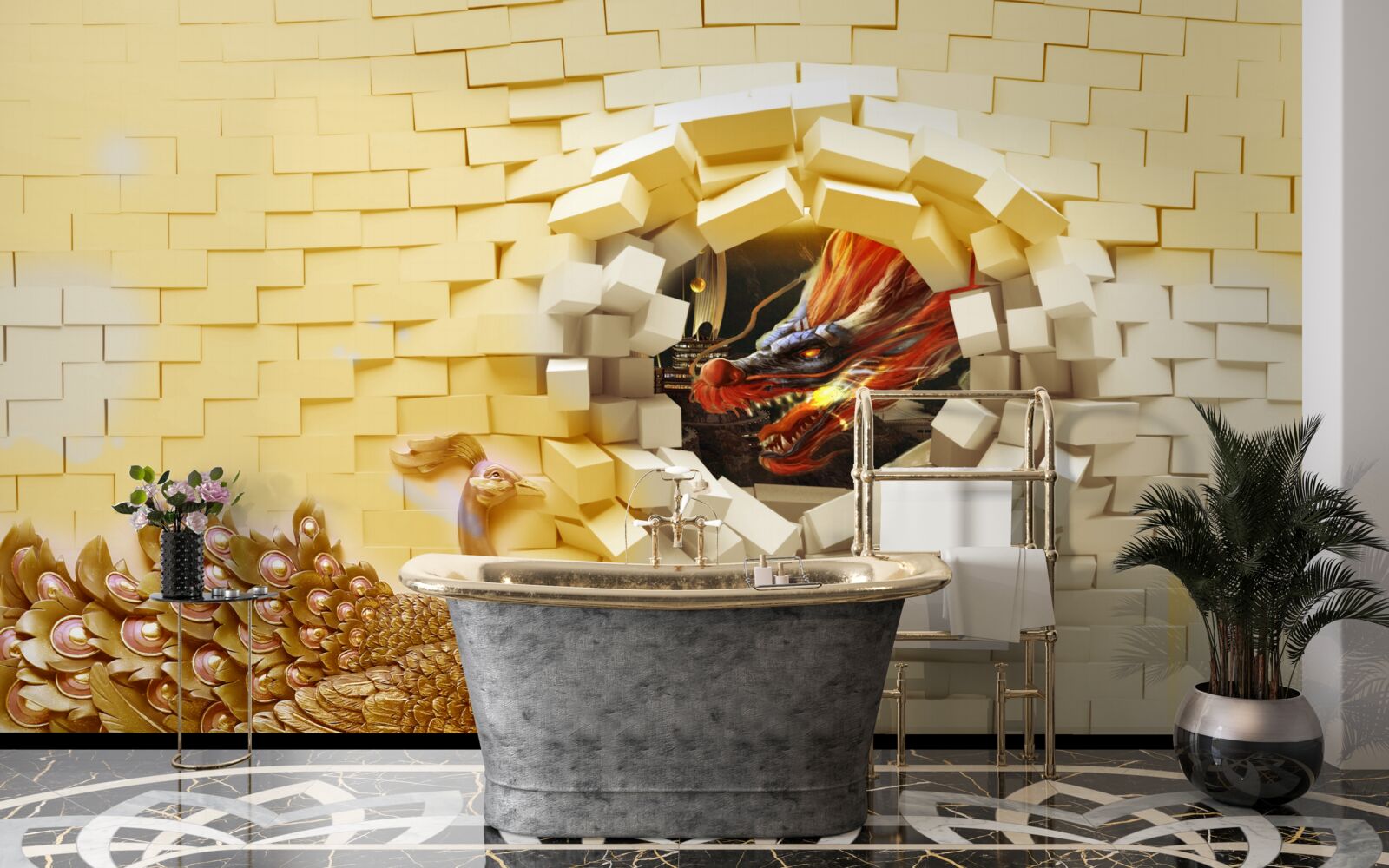 Fototapet Zidul este distrus de un păun