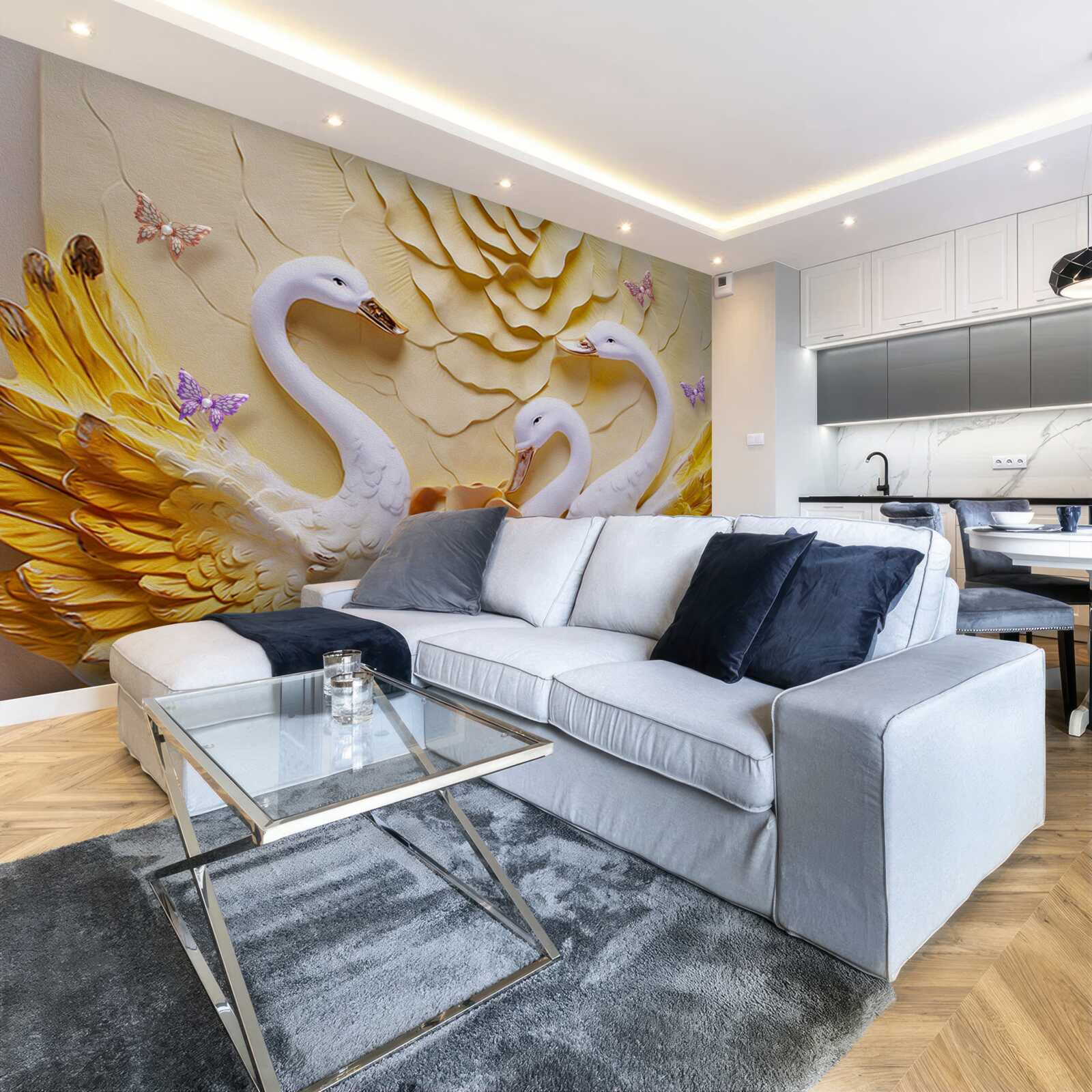 Fototapet lebedele sunt albe, cu aripile bandajate în auriu