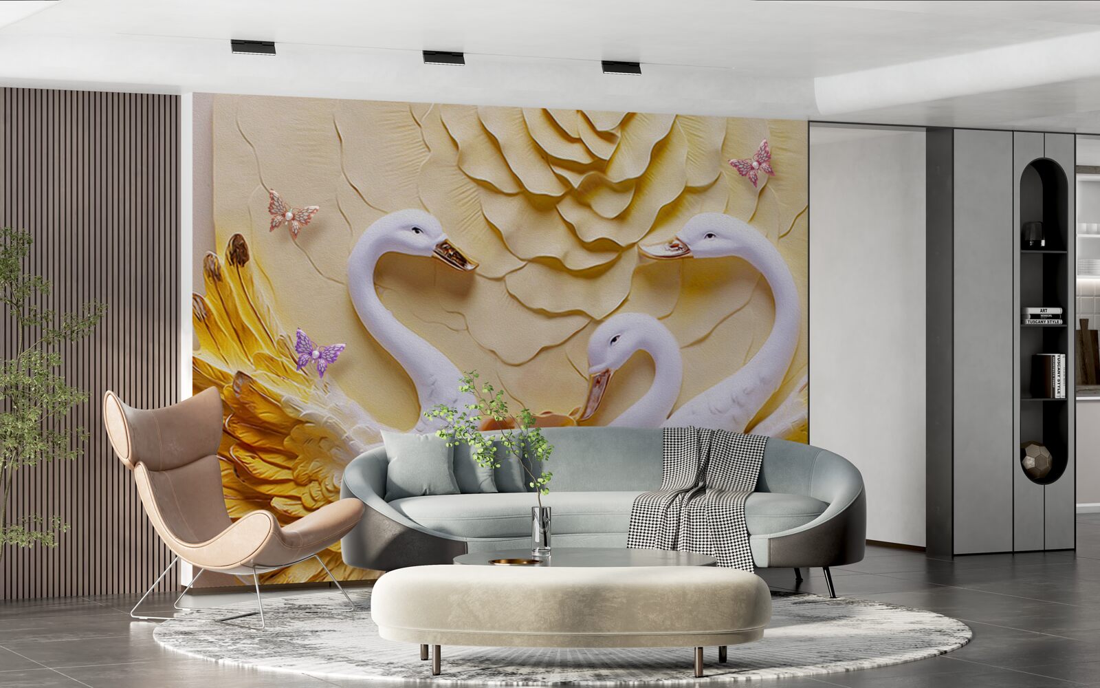 Fototapet lebedele sunt albe, cu aripile bandajate în auriu