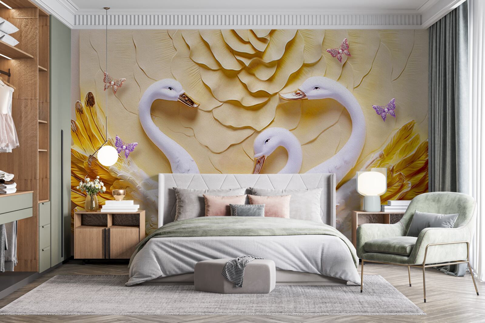 Fototapet lebedele sunt albe, cu aripile bandajate în auriu