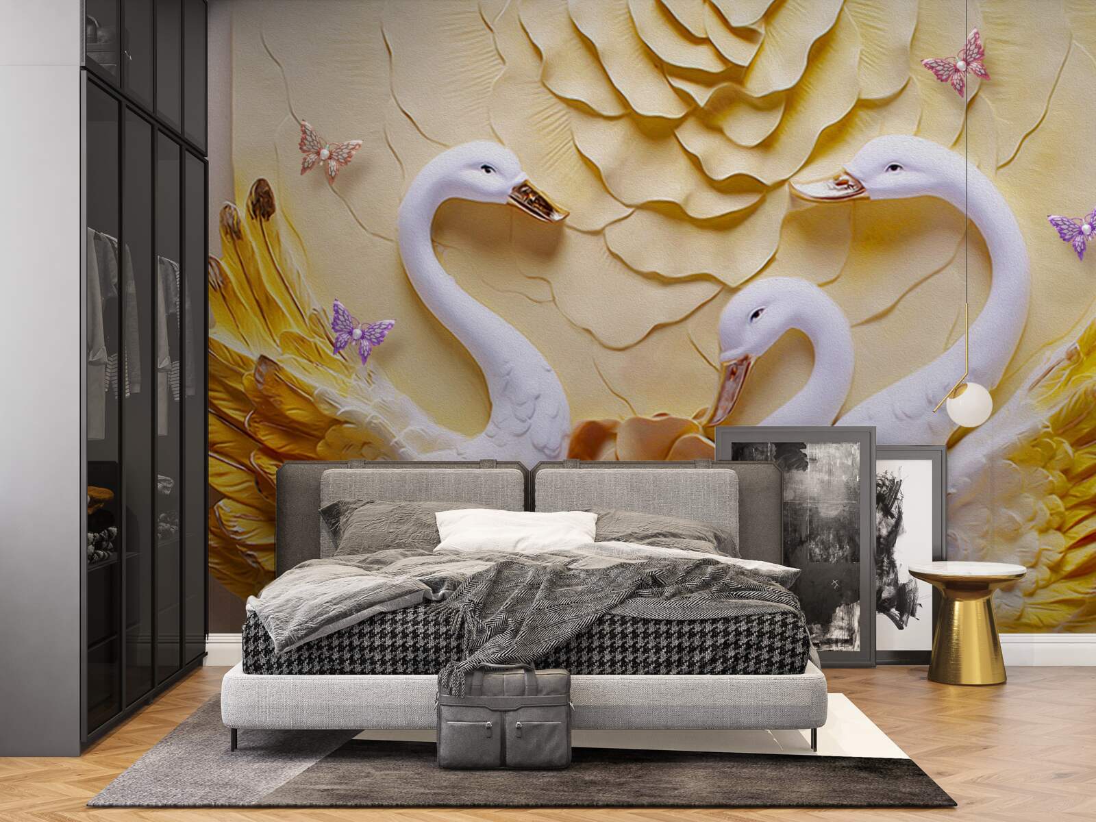 Fototapet lebedele sunt albe, cu aripile bandajate în auriu