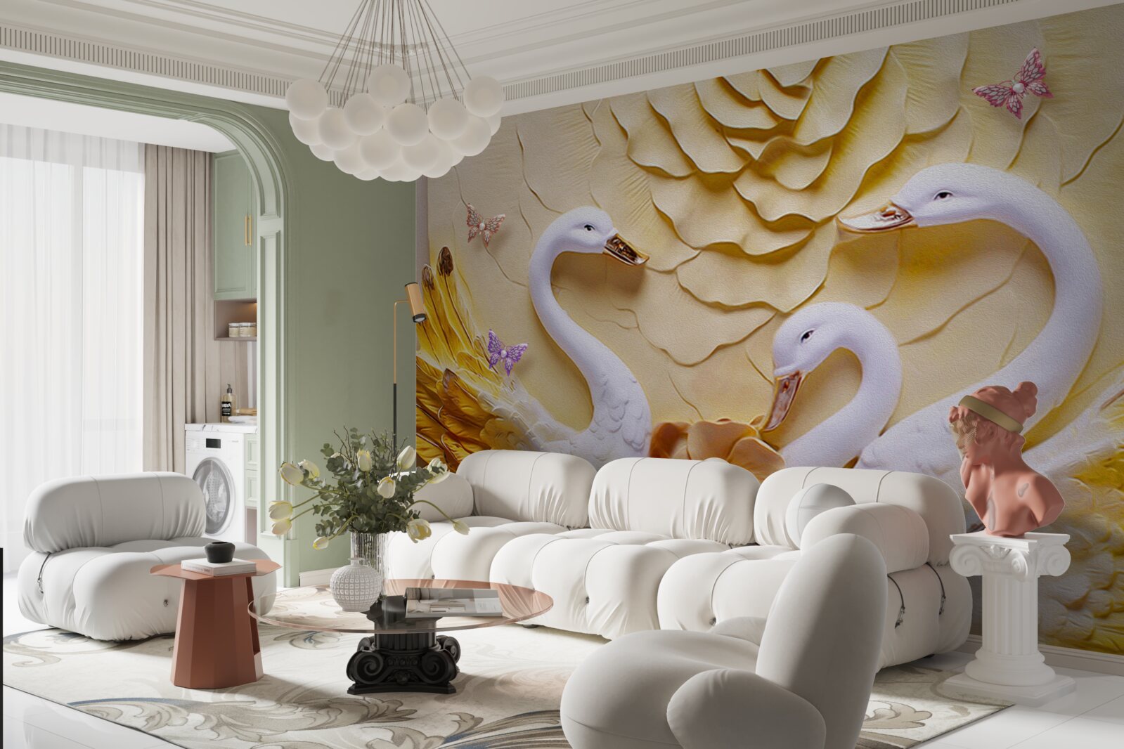 Fototapet lebedele sunt albe, cu aripile bandajate în auriu