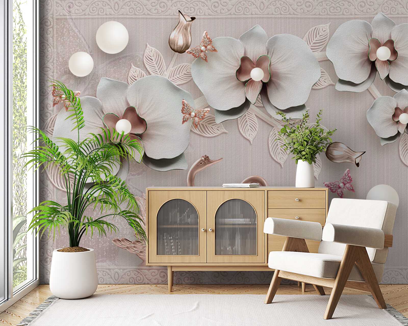 Fototapet lebedele decorate cu aur înoată printre flori de apă